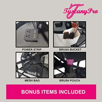 Tuscany Pro Makeup & Hair Stylist Chair w/Power Strip - Adjustable Seat Height - Bonus Brush Bucket - Carry Bag Included
