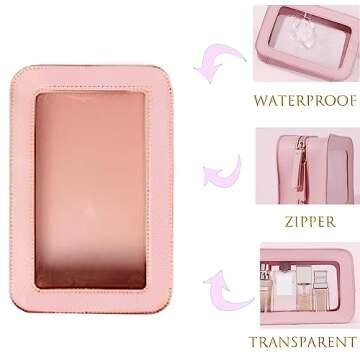 Clear and Waterproof Makeup Bag Portable Travel Cosmetic Case Organizer for Women Toiletry Pouch with Transparent Vinyl Windows & Zippers (Pink)