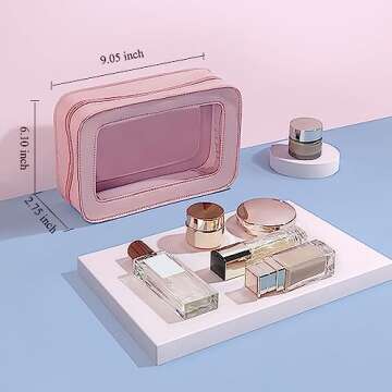 Clear and Waterproof Makeup Bag Portable Travel Cosmetic Case Organizer for Women Toiletry Pouch with Transparent Vinyl Windows & Zippers (Pink)