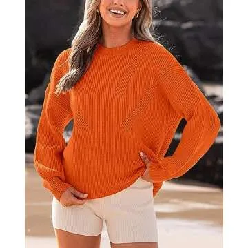 BTFBM Womens Casual Long Sleeve Sweaters Crew Neck Oversized Ribbed Knit Pullover Sweater 2025 Fall Winter Jumper Tops(Solid Orange, Large)