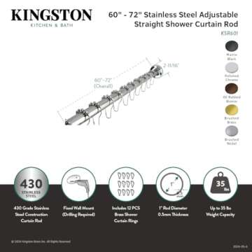 Kingston Brass KSR607 Edenscape 72-Inch Adjustable Stainless Steel Shower Curtain Rod with Rings, Brushed Brass