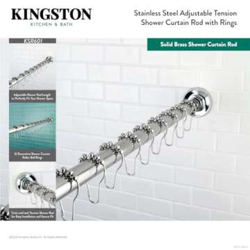Kingston Brass KSR607 Edenscape 72-Inch Adjustable Stainless Steel Shower Curtain Rod with Rings, Brushed Brass
