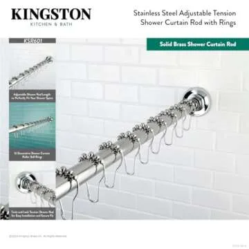 Kingston Brass KSR607 Edenscape 72-Inch Adjustable Stainless Steel Shower Curtain Rod with Rings, Brushed Brass