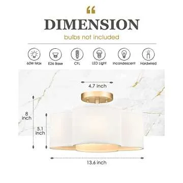 Audickic Gold Semi Flush Ceiling Light with Fabric Shade