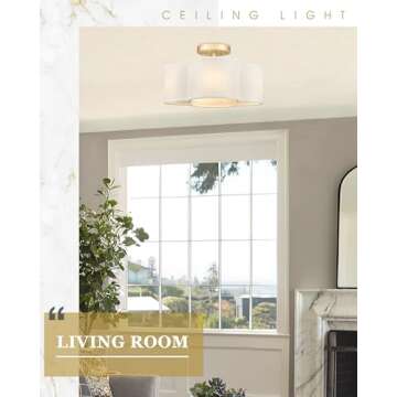 Audickic Gold Semi Flush Ceiling Light with Fabric Shade