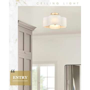 Audickic Gold Semi Flush Ceiling Light with Fabric Shade