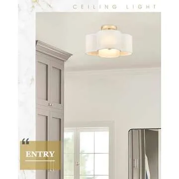 Audickic Gold Semi Flush Ceiling Light with Fabric Shade