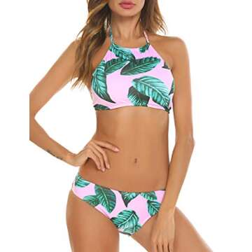 Halter Two-Piece Bikini Set Tropical Bikini Top Palm Print Swimsuit Bathing Suits