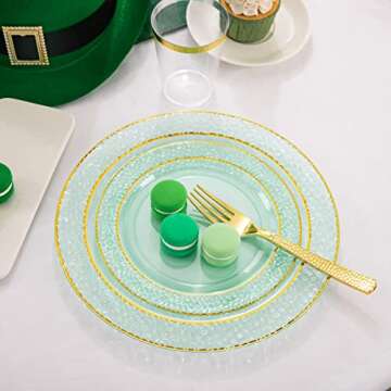 Nervure 175PCS Clear Green Plastic Plates - Gold Plastic Plates include 25 Dinner Plates, 25Dessert Plates, 25Forks, 25Knives, 25Spoons, 25Cups and 25Napkins for Wedding & Party Christmas