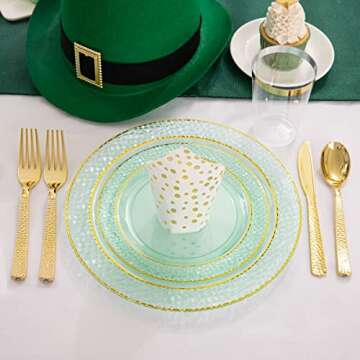 Nervure 175PCS Clear Green Plastic Plates - Gold Plastic Plates include 25 Dinner Plates, 25Dessert Plates, 25Forks, 25Knives, 25Spoons, 25Cups and 25Napkins for Wedding & Party Christmas