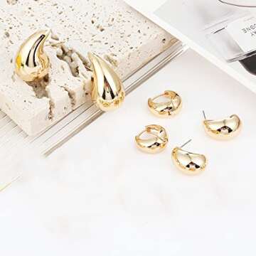 Wgoud 6 Pairs Gold Hoop Earrings Set for Women, 14K Gold Plated Hypoallergenic Lightweight Chunky Open Huggie Hoops Earrings Jewelry for Gift. (3 gold waterdrop)