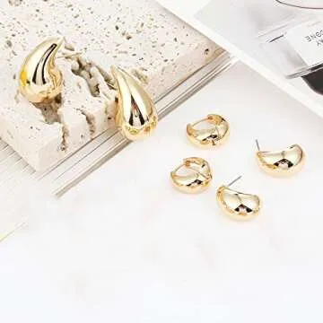 Wgoud 6 Pairs Gold Hoop Earrings Set for Women, 14K Gold Plated Hypoallergenic Lightweight Chunky Open Huggie Hoops Earrings Jewelry for Gift. (3 gold waterdrop)