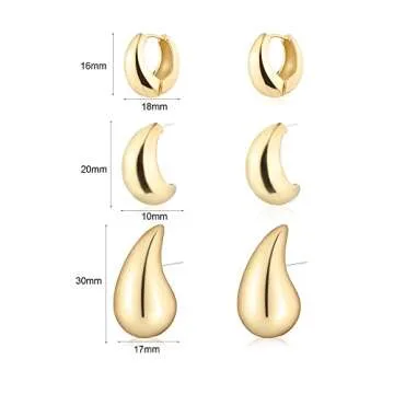 Wgoud 6 Pairs Gold Hoop Earrings Set for Women, 14K Gold Plated Hypoallergenic Lightweight Chunky Open Huggie Hoops Earrings Jewelry for Gift. (3 gold waterdrop)