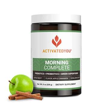 ACTIVATEDYOU Morning Complete Prebiotics, Probiotics, Green Superfoods (Apple Cinnamon) + Essential Skin Food Collagen, Elastin Support, 30 Servings