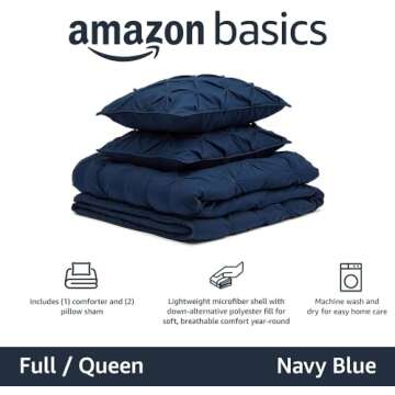 Amazon Basics Queen Size Comforter Sets, All-Season Down-Alternative 3-Piece Bedding Set, Pinch Pleat Design, Full/Queen Size, Navy Blue