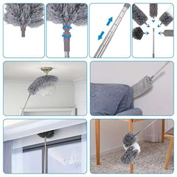 Microfiber Extendable Feather Duster (11pcs) with 100" Extension Pole, Washable Reusable Bendable Dusters for Cleaning Ceiling Fan, High Ceiling, TV, Blinds, Cars