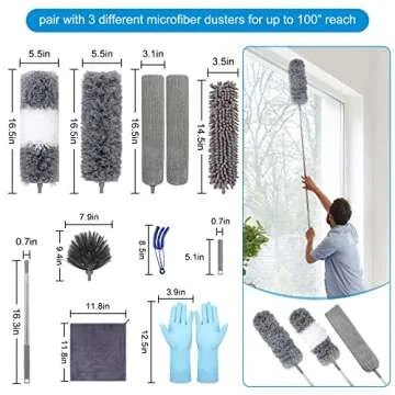 Microfiber Extendable Feather Duster (11pcs) with 100" Extension Pole, Washable Reusable Bendable Dusters for Cleaning Ceiling Fan, High Ceiling, TV, Blinds, Cars