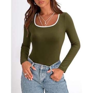 PRETTYGARDEN Women's Basic Tops 2024 Fall Casual Long Sleeve Scoop Neck Color Block Tight T Shirt Ribbed Knit Tee Top(Army Green,Medium)