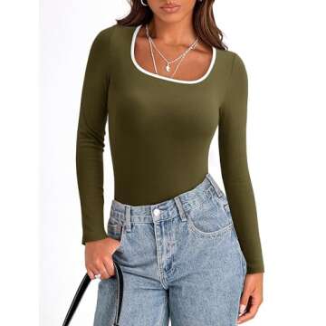 PRETTYGARDEN Women's Basic Tops 2024 Fall Casual Long Sleeve Scoop Neck Color Block Tight T Shirt Ribbed Knit Tee Top(Army Green,Medium)