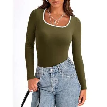 PRETTYGARDEN Women's Basic Tops 2024 Fall Casual Long Sleeve Scoop Neck Color Block Tight T Shirt Ribbed Knit Tee Top(Army Green,Medium)