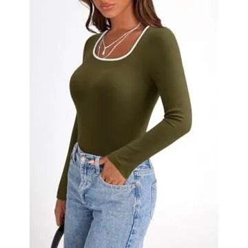 PRETTYGARDEN Women's Basic Tops 2024 Fall Casual Long Sleeve Scoop Neck Color Block Tight T Shirt Ribbed Knit Tee Top(Army Green,Medium)
