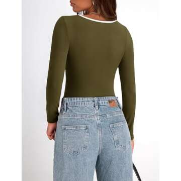 PRETTYGARDEN Women's Basic Tops 2024 Fall Casual Long Sleeve Scoop Neck Color Block Tight T Shirt Ribbed Knit Tee Top(Army Green,Medium)