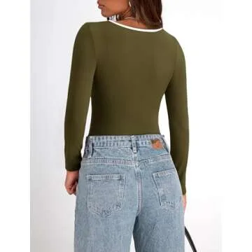 PRETTYGARDEN Women's Basic Tops 2024 Fall Casual Long Sleeve Scoop Neck Color Block Tight T Shirt Ribbed Knit Tee Top(Army Green,Medium)