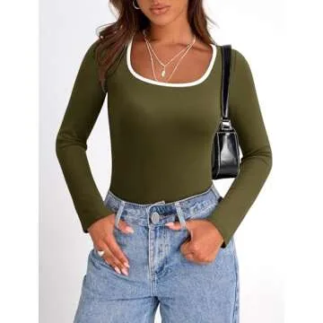 PRETTYGARDEN Women's Basic Tops 2024 Fall Casual Long Sleeve Scoop Neck Color Block Tight T Shirt Ribbed Knit Tee Top(Army Green,Medium)