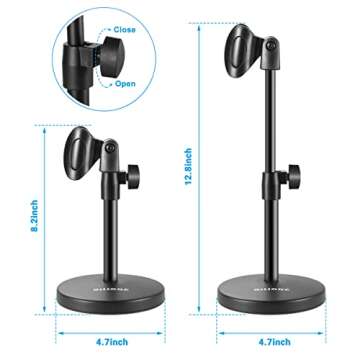 BILIONE 3 in 1 Multi Function Desktop Microphone Stand, Adjustable Table Mic Stand with Microphone Clip, Cell Phone Clip, 5/8" Male to 3/8" Female Metal Adapter
