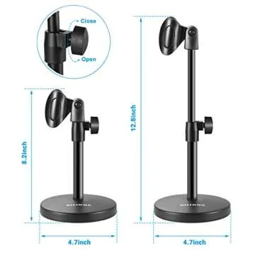 BILIONE 3 in 1 Multi Function Desktop Microphone Stand, Adjustable Table Mic Stand with Microphone Clip, Cell Phone Clip, 5/8" Male to 3/8" Female Metal Adapter