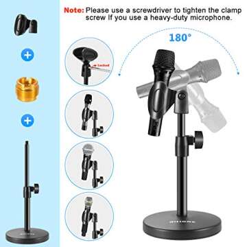 BILIONE 3 in 1 Multi Function Desktop Microphone Stand, Adjustable Table Mic Stand with Microphone Clip, Cell Phone Clip, 5/8" Male to 3/8" Female Metal Adapter