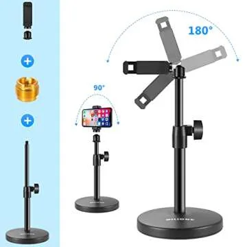 BILIONE 3 in 1 Multi Function Desktop Microphone Stand, Adjustable Table Mic Stand with Microphone Clip, Cell Phone Clip, 5/8" Male to 3/8" Female Metal Adapter