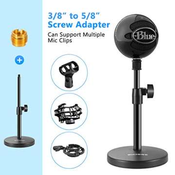 BILIONE 3 in 1 Multi Function Desktop Microphone Stand, Adjustable Table Mic Stand with Microphone Clip, Cell Phone Clip, 5/8" Male to 3/8" Female Metal Adapter