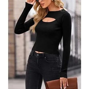For G and PL Women's Ribbed Knit Cut Out Long Sleeve Tops Crew Neck Slim Fit Sexy Cropped Sweater Black S