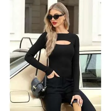 For G and PL Women's Ribbed Knit Cut Out Long Sleeve Tops Crew Neck Slim Fit Sexy Cropped Sweater Black S