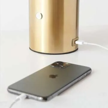 Brightech Kai LED Table Lamp with USB Port - Bedside Reading Modern Desk Lamp, Nightstand Light with Ambient Lighting for Bedroom, Living Room, Office - Modern Globe Lamp Shade, Brass Finish