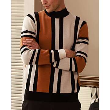 GRACE KARIN Mens Pullover Sweater Mockneck Fashion Striped Vintage 90S Sweater Camel