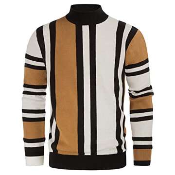 GRACE KARIN Mens Pullover Sweater Mockneck Fashion Striped Vintage 90S Sweater Camel