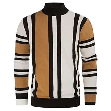 GRACE KARIN Mens Pullover Sweater Mockneck Fashion Striped Vintage 90S Sweater Camel