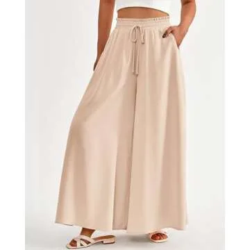 BTFBM Women Casual High Waist Wide Leg Pants Summer Floral Solid Long Palazzo Pants Lounge Beach Trousers with Pocket(Solid Beige, Large)