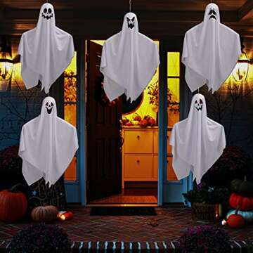 JOYIN 5 Pack 27.5" Halloween Decoration Hanging Ghosts, Cute Ghosts with Creepy Faces Designs, Decorations for Halloween Outdoor, Lawn, Tree Decor, Ghost Party Favor Supplies