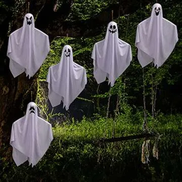 JOYIN 5 Pack 27.5" Halloween Decoration Hanging Ghosts, Cute Ghosts with Creepy Faces Designs, Decorations for Halloween Outdoor, Lawn, Tree Decor, Ghost Party Favor Supplies