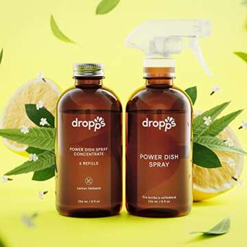 dropps Power Dish Spray: Lemon Verbena | Starter Kit | Contains 6 Refills | Cuts Grease & Fights Stuck On Food | For Sparkling Glassware & Dishes | Refillable Glass Spray Bottle