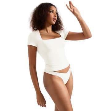 SUUKSESS Women Double Lined Fitted Basic Tee Shirts Square Neck Short Sleeve Y2K Going Out Crop Tops (Pearl, S)