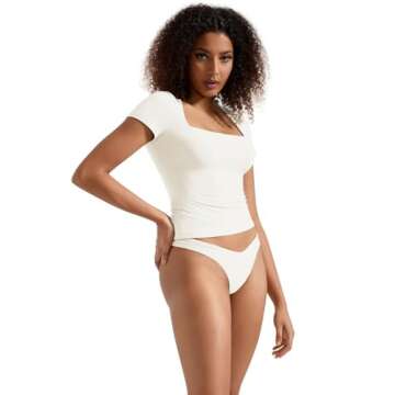 SUUKSESS Women Double Lined Fitted Basic Tee Shirts Square Neck Short Sleeve Y2K Going Out Crop Tops (Pearl, S)