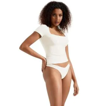 SUUKSESS Women Double Lined Fitted Basic Tee Shirts Square Neck Short Sleeve Y2K Going Out Crop Tops (Pearl, S)