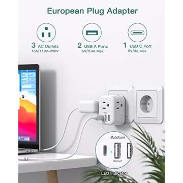 2 Pack European International Power Plug Adapter with 3 Outlets 3 USB Charging Ports(1 USB C), Trave...