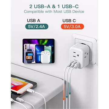 2 Pack European International Power Plug Adapter with 3 Outlets 3 USB Charging Ports(1 USB C), Travel Essentials to Italy,Greece,Israel,France, Spain (Type C)