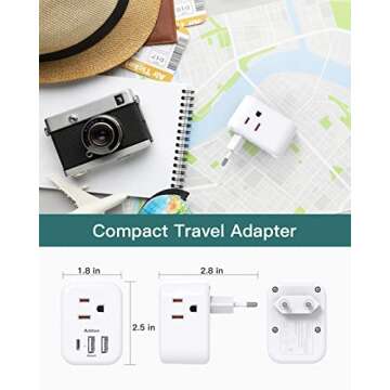 2 Pack European International Power Plug Adapter with 3 Outlets 3 USB Charging Ports(1 USB C), Travel Essentials to Italy,Greece,Israel,France, Spain (Type C)