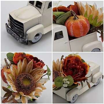 Vintage Small White Truck Decor with Fake Plants Farmhouse Table Top Decor, Metal Truck with Pumpkin,Sunflower,Peony Rustic Fall Decor for Home Coffee Table Shelf Tiered Tray Windowsill Decor, 8 inch